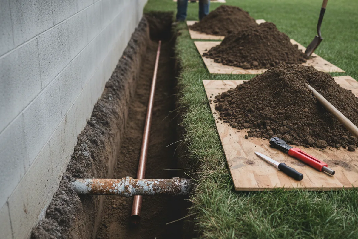 Excavated water line trench during Water Softener Installation in Darrow